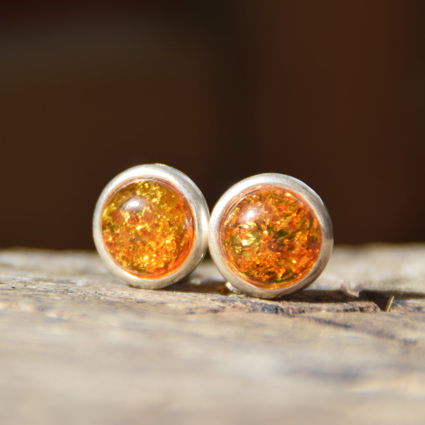 Round clip-on stud earrings with cognac natural amber and 925 silver, MJ Baltica, BKK007
