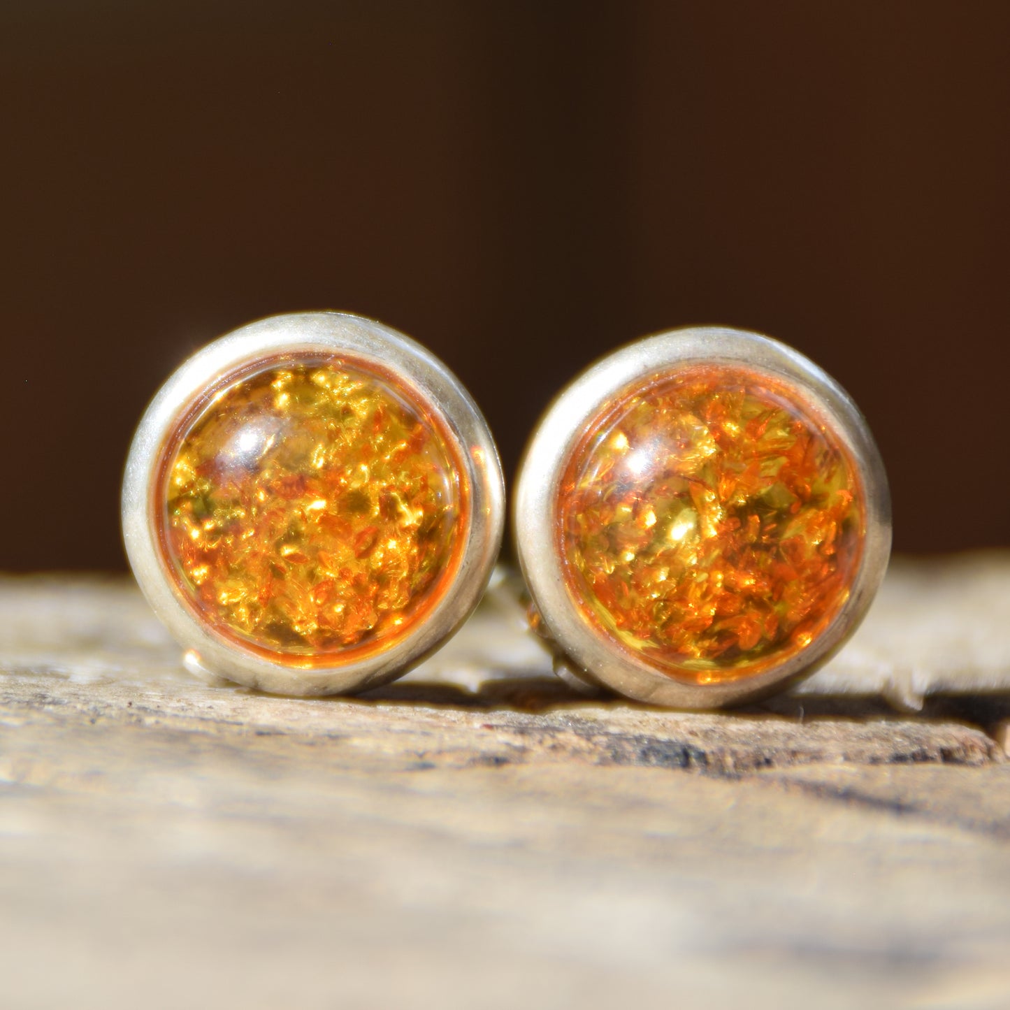 Round clip-on stud earrings with cognac natural amber and 925 silver, MJ Baltica, BKK007