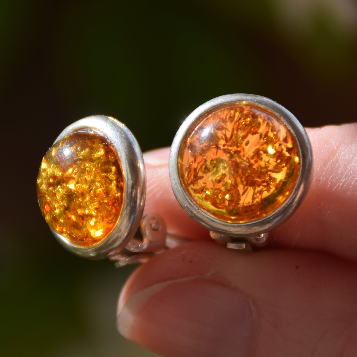 Round clip-on stud earrings with cognac natural amber and 925 silver, MJ Baltica, BKK007