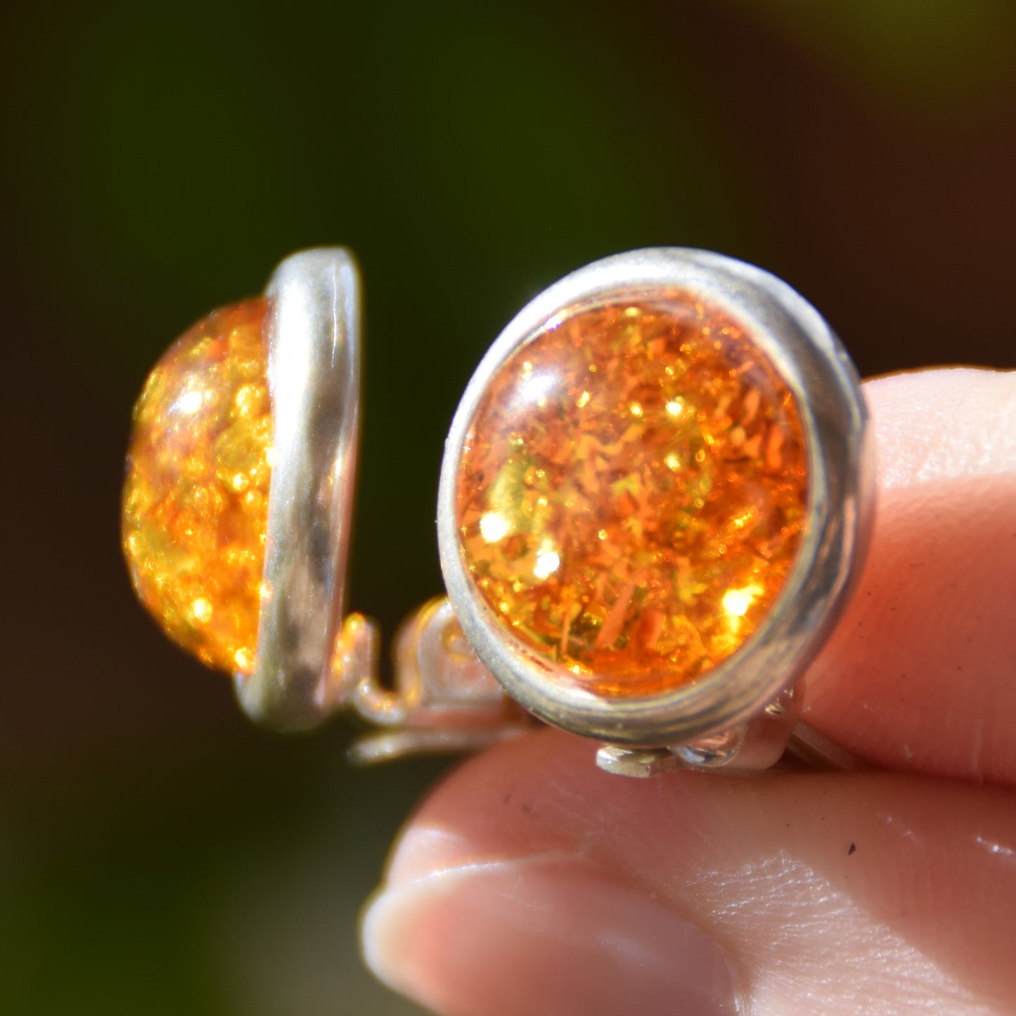 Round clip-on stud earrings with cognac natural amber and 925 silver, MJ Baltica, BKK007