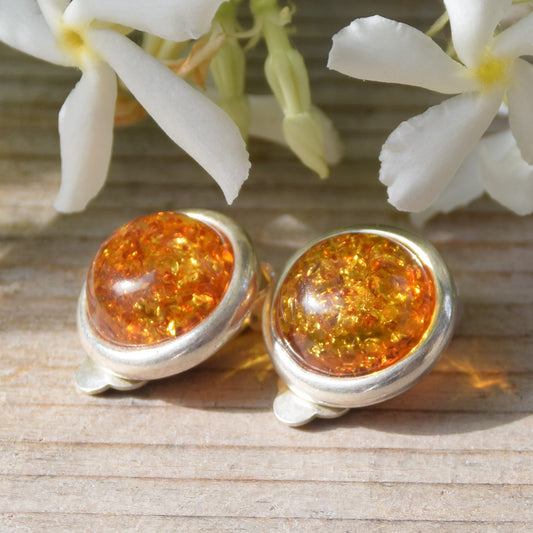 Round clip-on stud earrings with cognac natural amber and 925 silver, MJ Baltica, BKK007