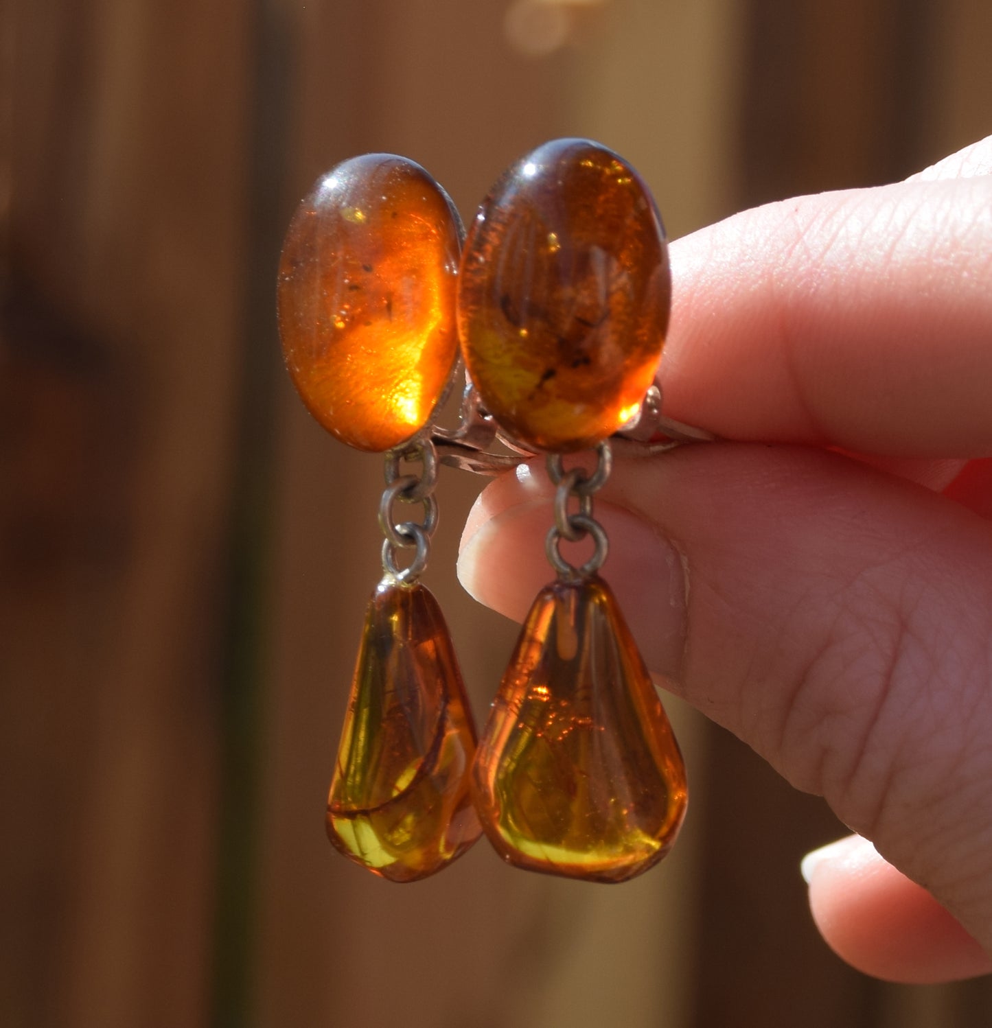 Orecchini pendenti a clip con Ambra dorata naturale e Argento 925, MJ Baltica, BKK011