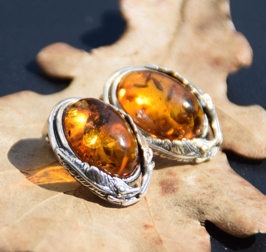 Orecchini a clip in stile vintage con Ambra cognac naturale e Argento 925, MJ Baltica, BKK012