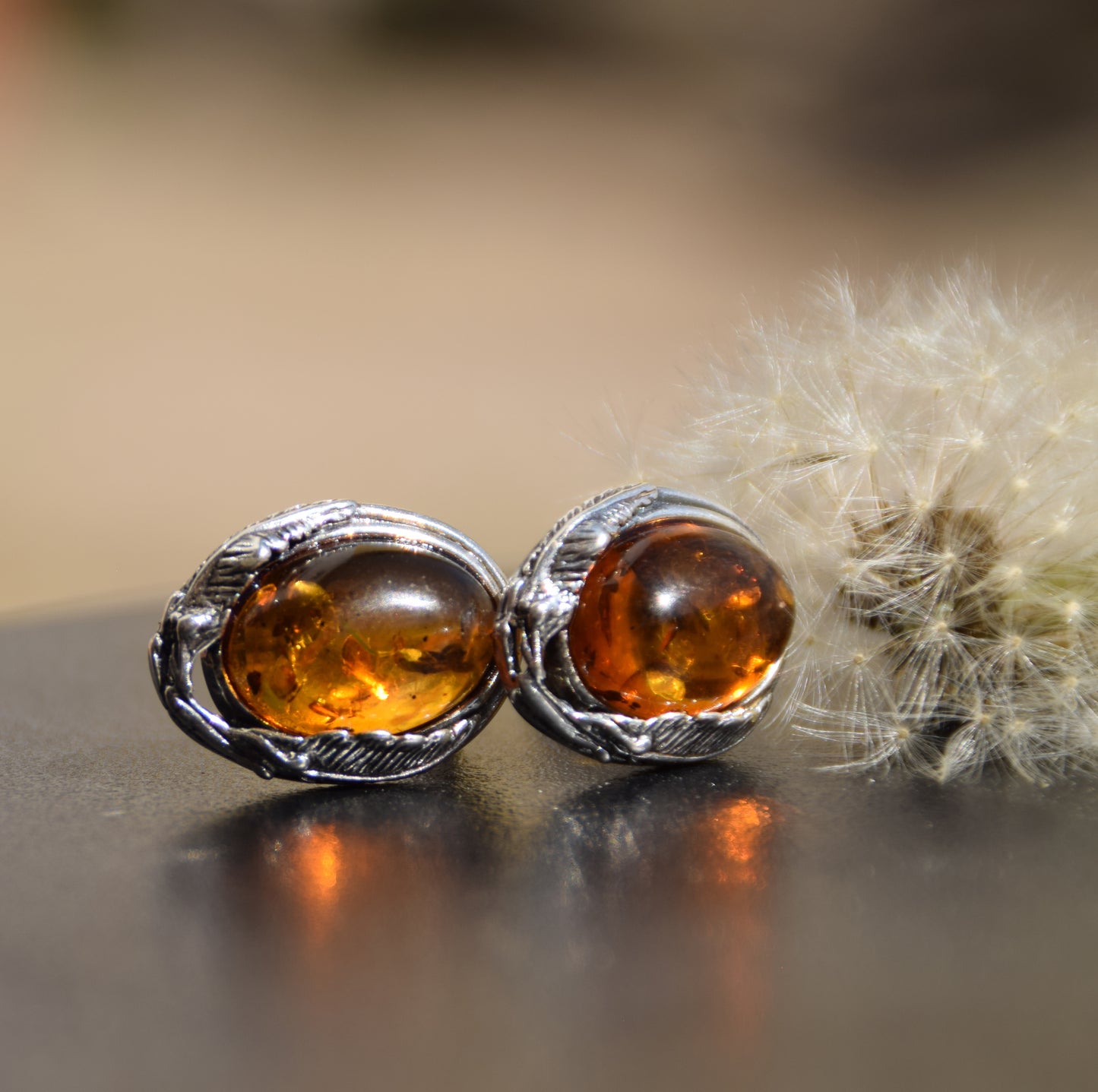 Orecchini a clip in stile vintage con Ambra cognac naturale e Argento 925, MJ Baltica, BKK012