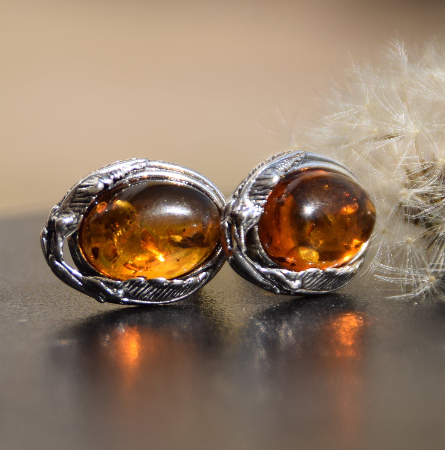 Orecchini a clip in stile vintage con Ambra cognac naturale e Argento 925, MJ Baltica, BKK012