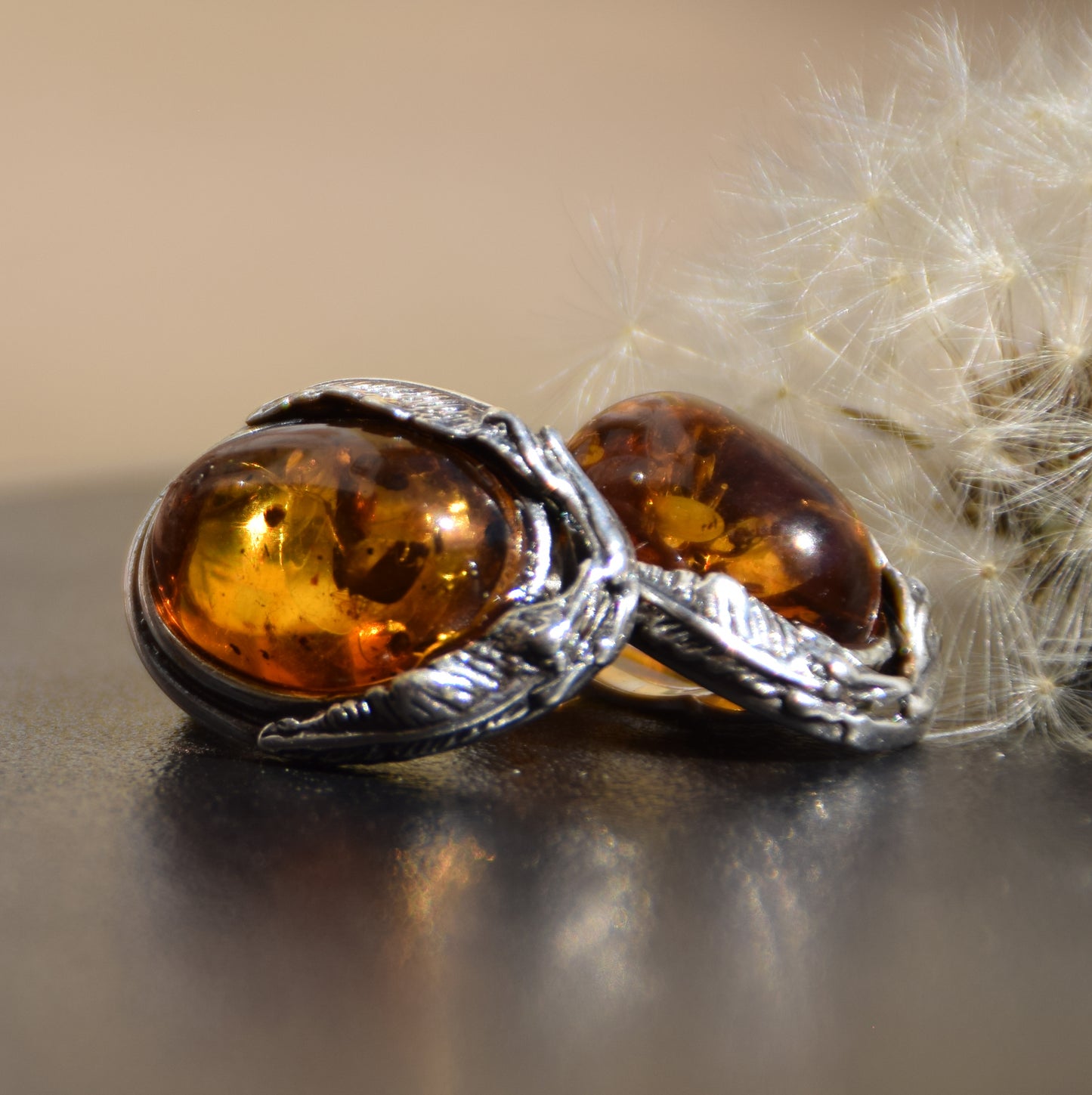 Orecchini a clip in stile vintage con Ambra cognac naturale e Argento 925, MJ Baltica, BKK012