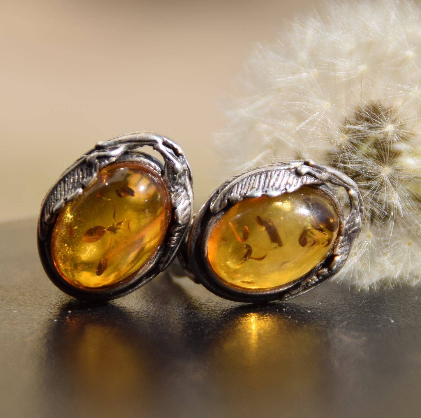 Orecchini a clip in stile vintage con Ambra dorata naturale e Argento 925, MJ Baltica, BKK013