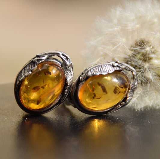 Orecchini a clip in stile vintage con Ambra dorata naturale e Argento 925, MJ Baltica, BKK013