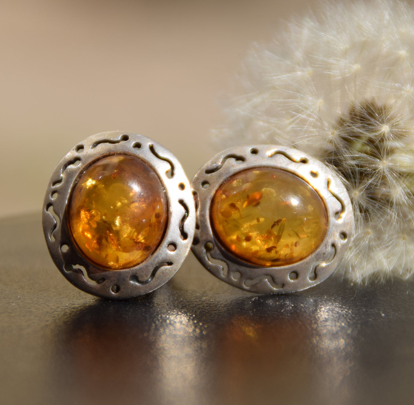 Orecchini a clip in stile vintage con Ambra cognac naturale e Argento 925, MJ Baltica, BKK014