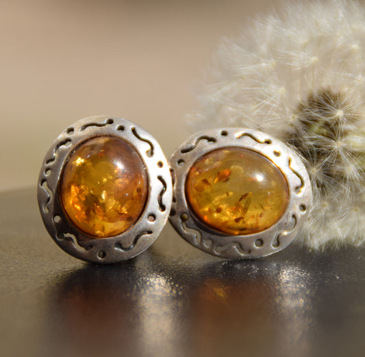 Orecchini a clip in stile vintage con Ambra cognac naturale e Argento 925, MJ Baltica, BKK014