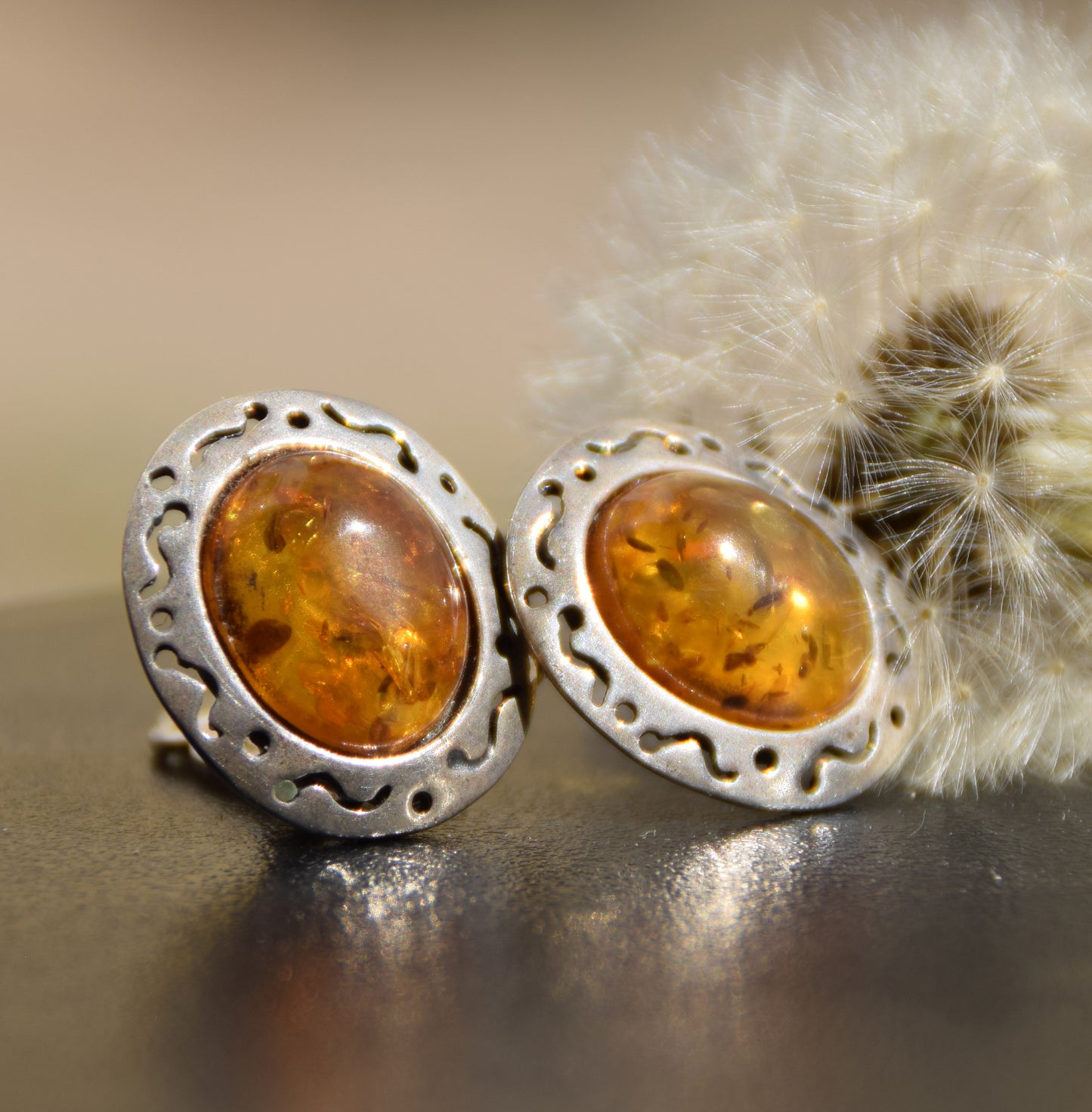 Orecchini a clip in stile vintage con Ambra cognac naturale e Argento 925, MJ Baltica, BKK014