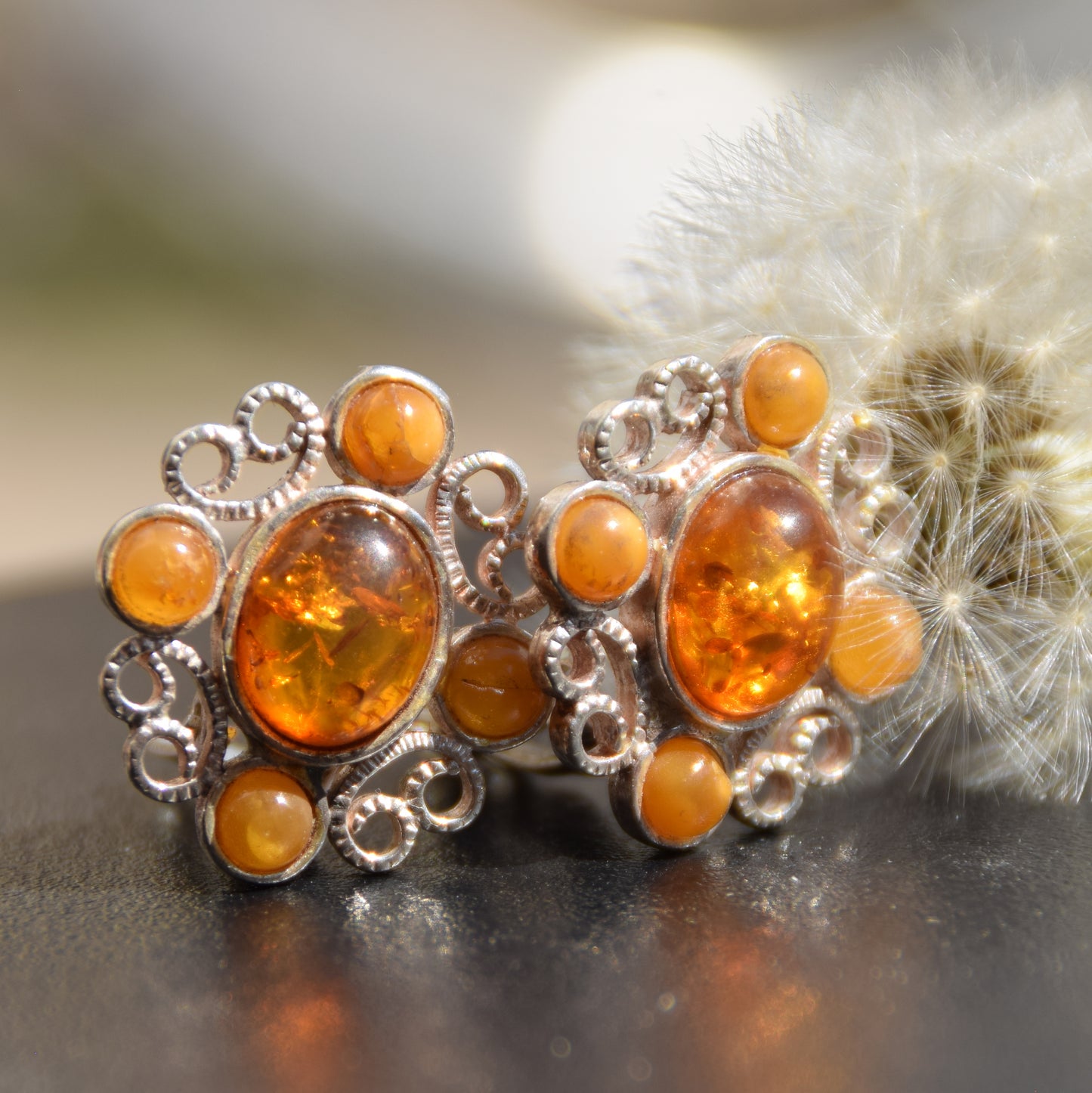 Orecchini a clip in stile vintage con Ambra cognac naturale e Argento 925, MJ Baltica, BKK017