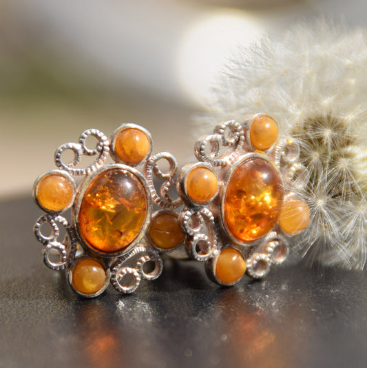 Orecchini a clip in stile vintage con Ambra cognac naturale e Argento 925, MJ Baltica, BKK017
