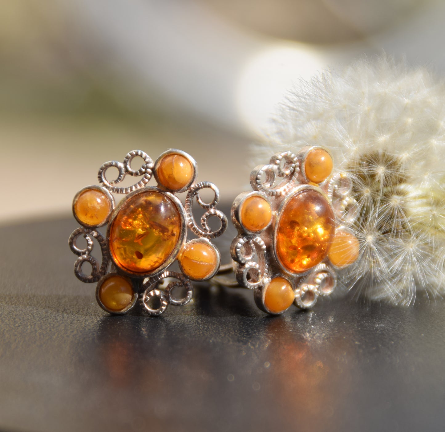 Orecchini a clip in stile vintage con Ambra cognac naturale e Argento 925, MJ Baltica, BKK017