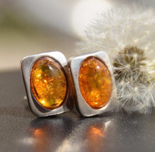 Oval clip-on earrings with natural cognac amber and 925 sterling silver, MJ Baltica, BKK019
