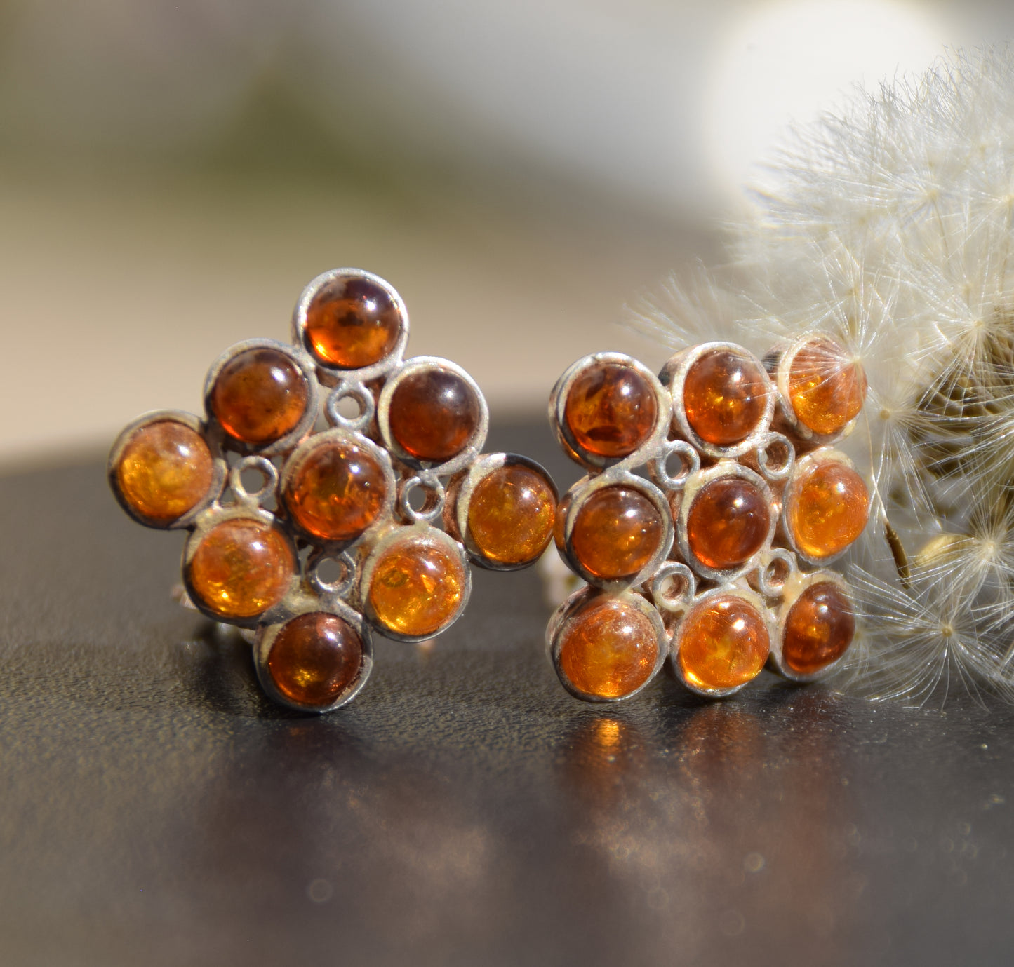 Orecchini a clip geometrici con Ambra cognac naturale e Argento 925, MJ Baltica, BKK029