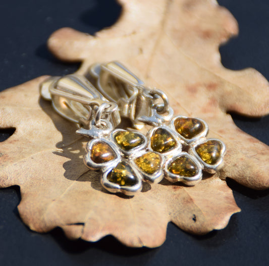 Orecchini pendenti con i quadrifogli con Ambra naturale di color verde e Argento 925, MJ Baltica, BKK031