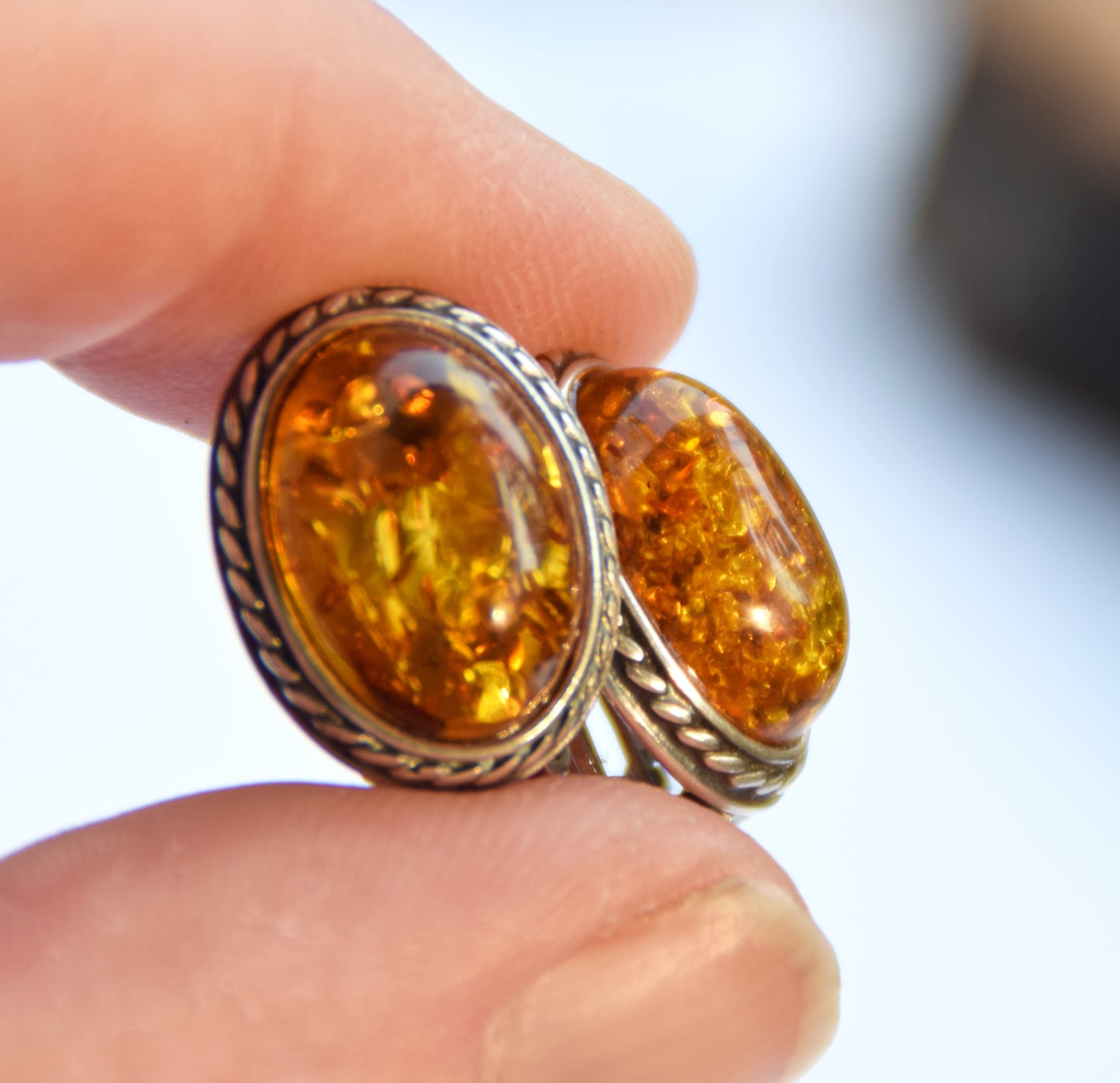 Orecchini a clip in stile vintage con Ambra cognac naturale e Argento 925, MJ Baltica, BKK032