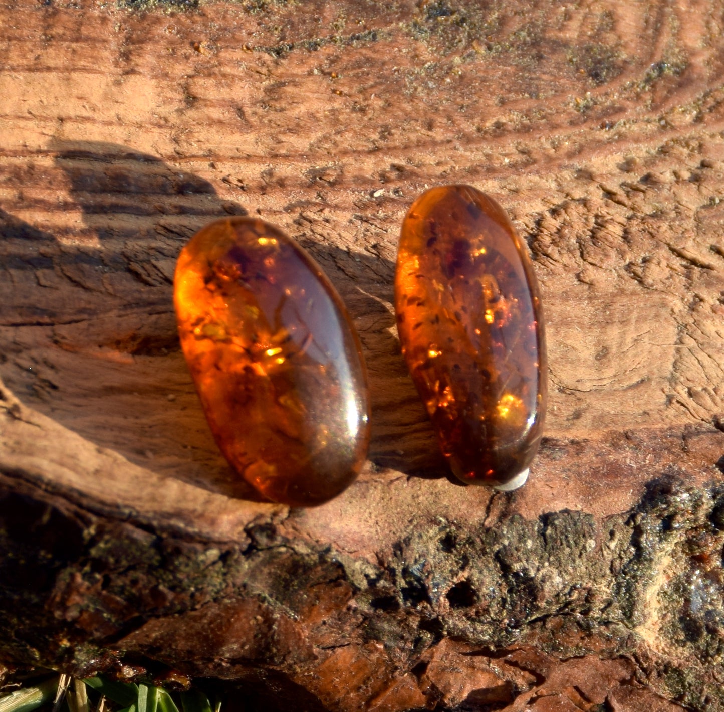 Orecchini a clip con Ambra naturale color marrone grezza e Argento 925, MJ Baltica, BKK033