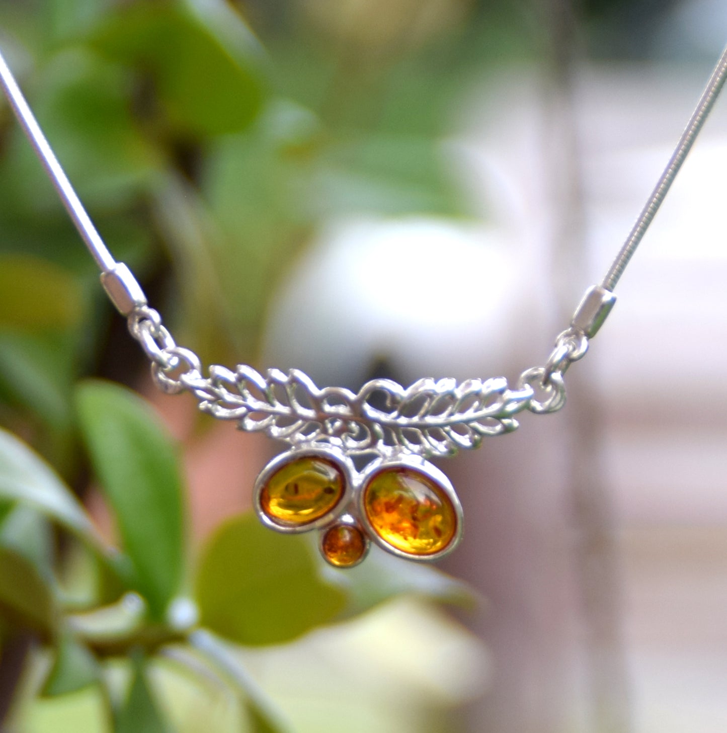 MJ Baltica, necklace, choker, 925 Silver, natural Baltic Amber, leaves, BKo013