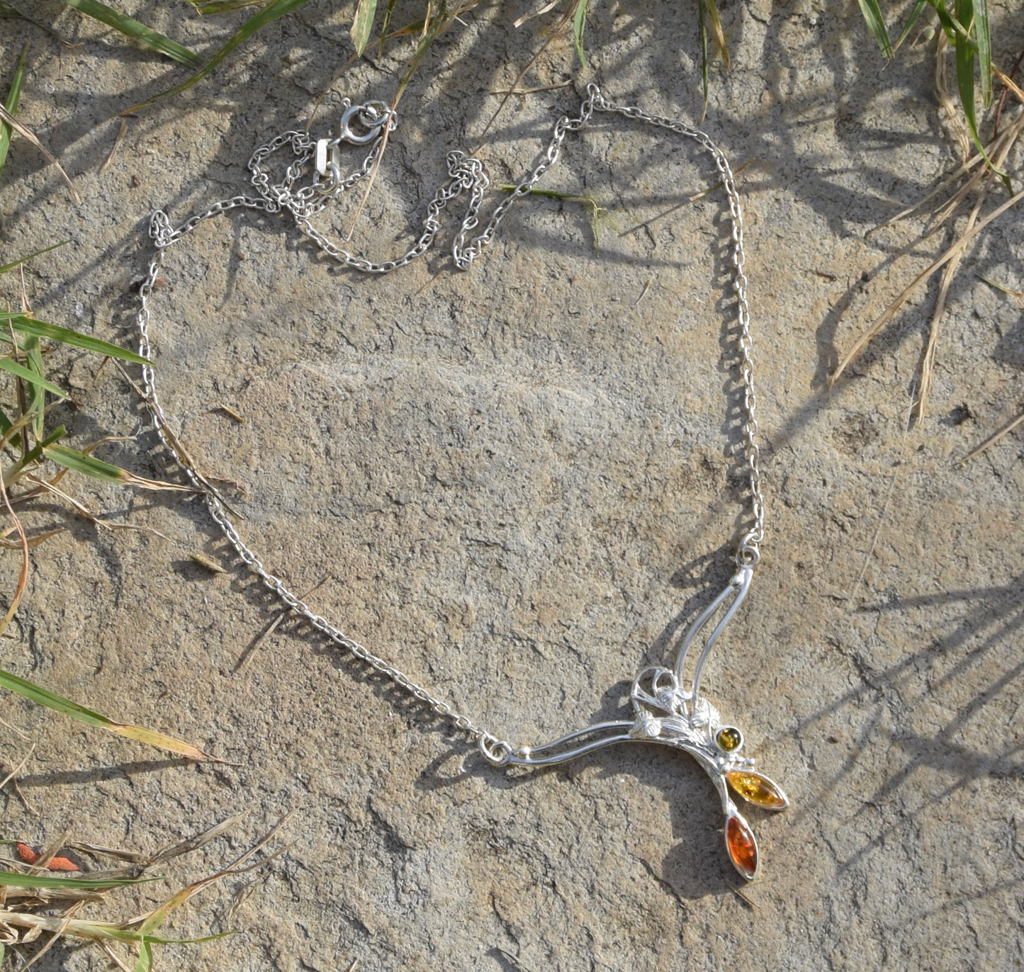 MJ Baltica, necklace, choker, floral, natural Baltic amber, 925 silver, BKo021