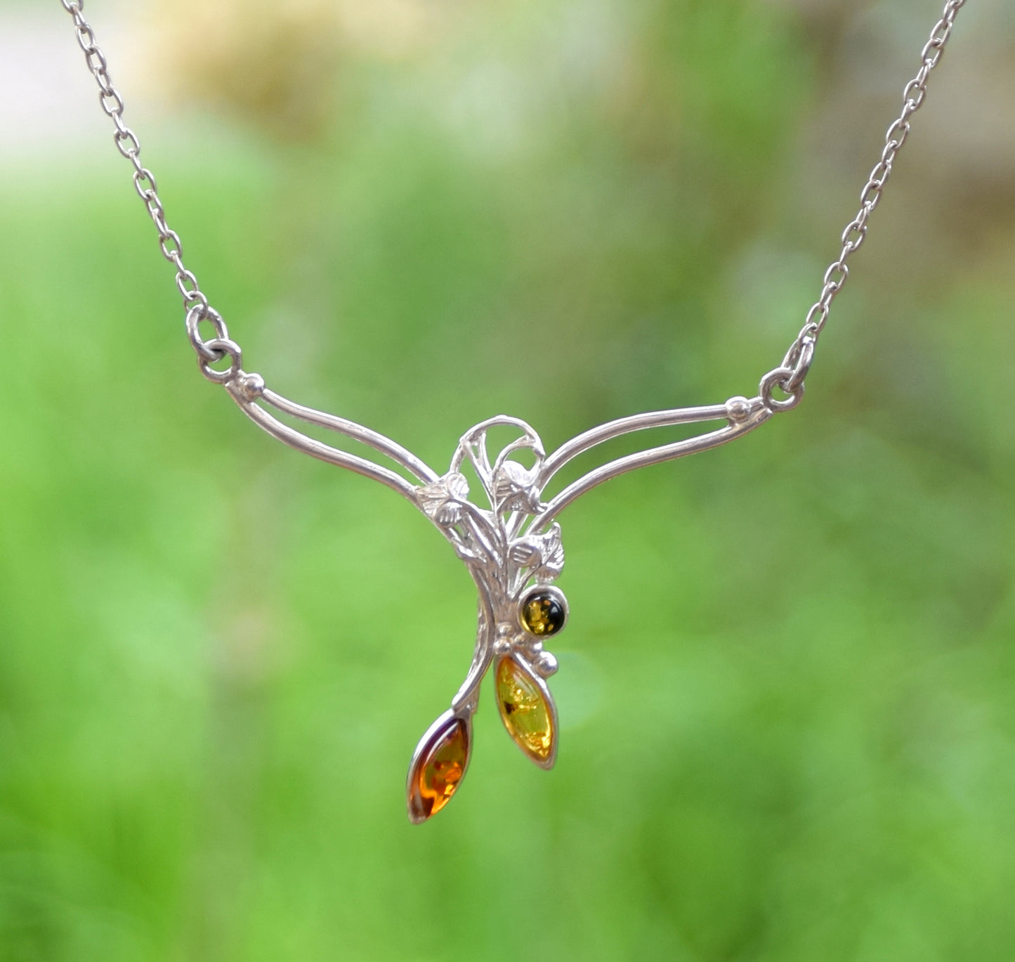 MJ Baltica, necklace, choker, floral, natural Baltic amber, 925 silver, BKo021