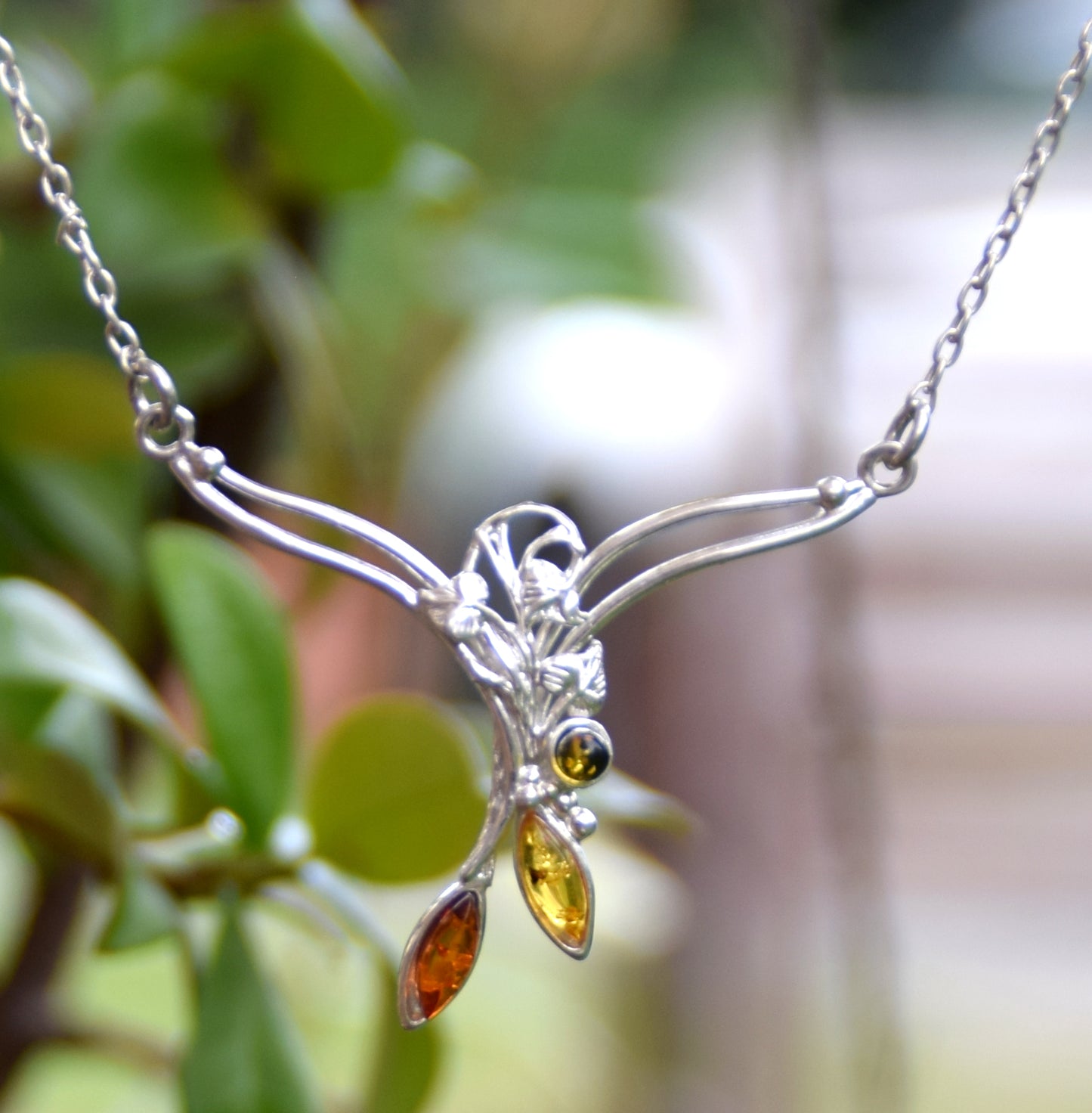 MJ Baltica, necklace, choker, floral, natural Baltic amber, 925 silver, BKo021