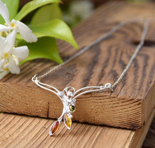 Delicate floral choker necklace created with natural Amber of various shades and 925 Sterling Silver, MJ Baltica, BKo021