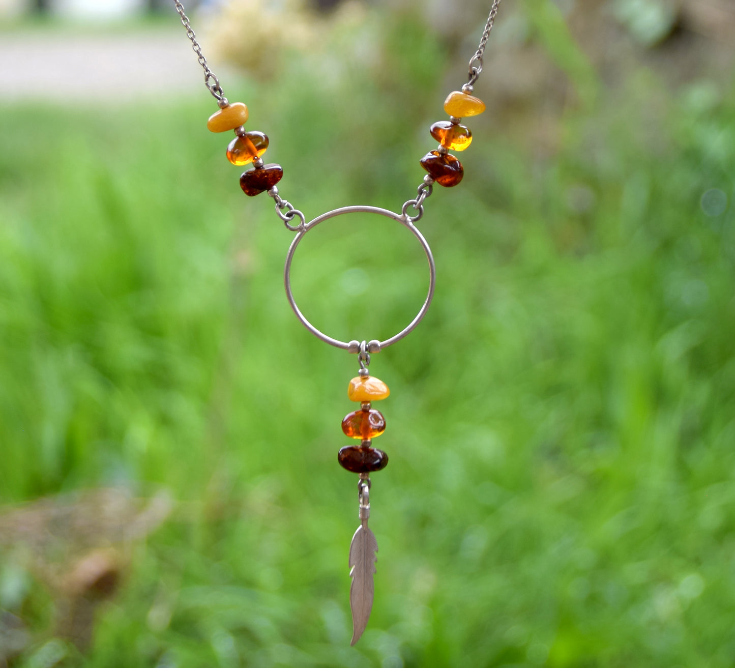 MJ Baltica, necklace, choker, natural Baltic amber, 925 silver, feather, BKo028