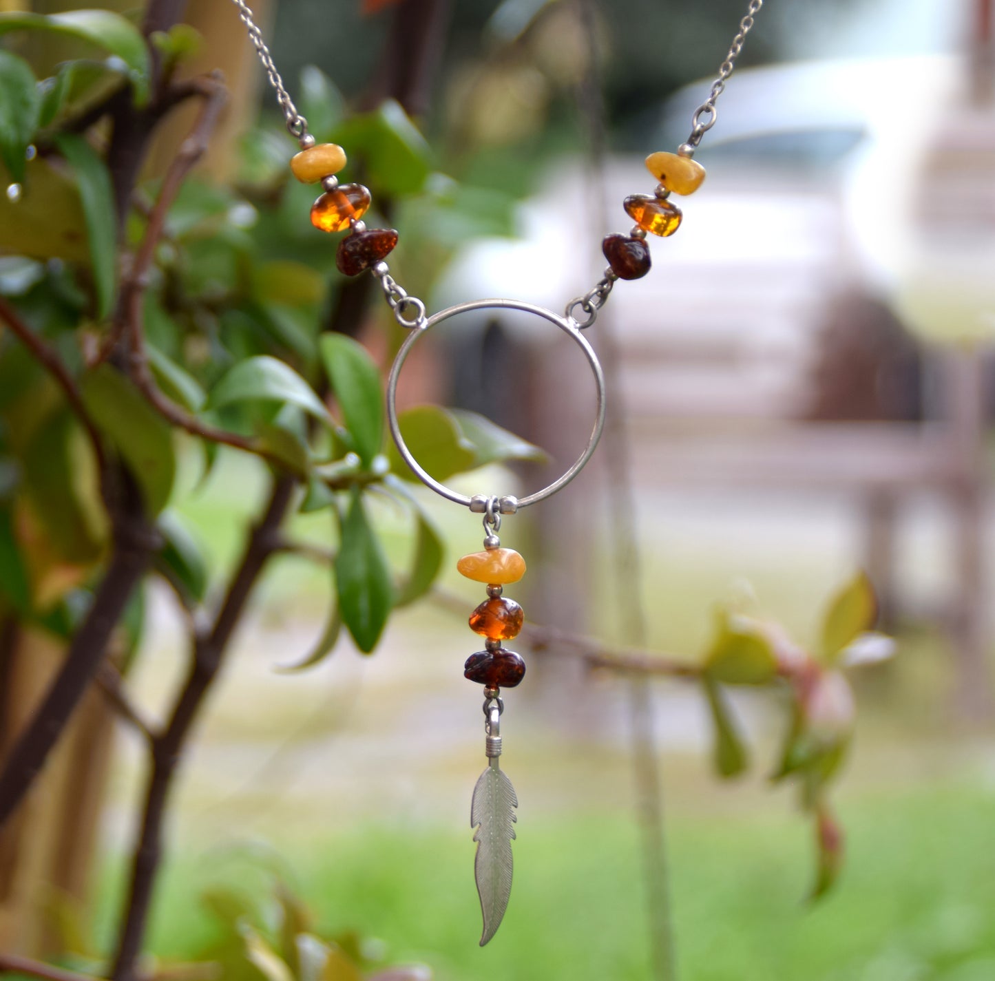 MJ Baltica, necklace, choker, natural Baltic amber, 925 silver, feather, BKo028