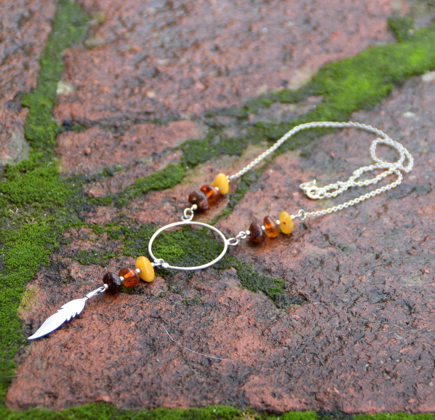 MJ Baltica, necklace, choker, natural Baltic amber, 925 silver, feather, BKo028