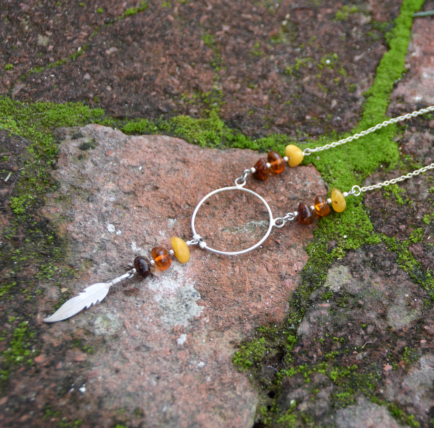 MJ Baltica, necklace, choker, natural Baltic amber, 925 silver, feather, BKo028