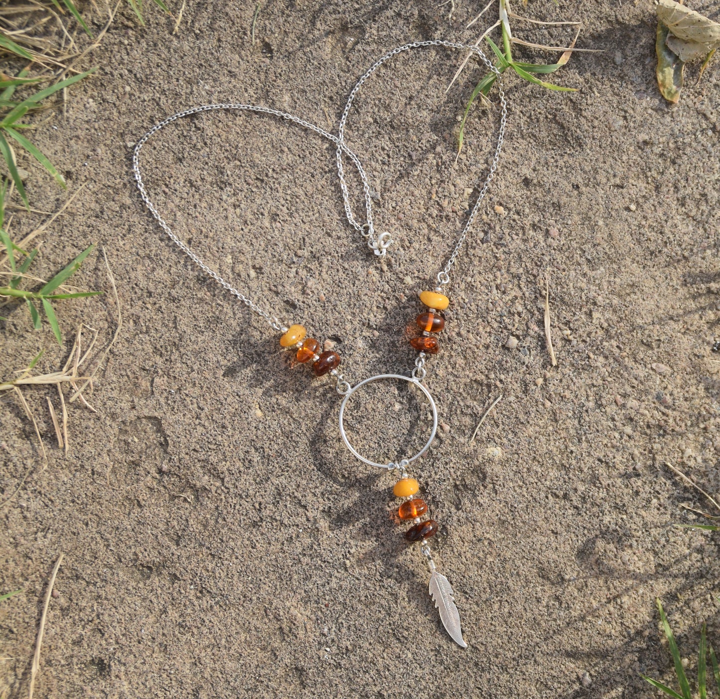 MJ Baltica, necklace, choker, natural Baltic amber, 925 silver, feather, BKo028