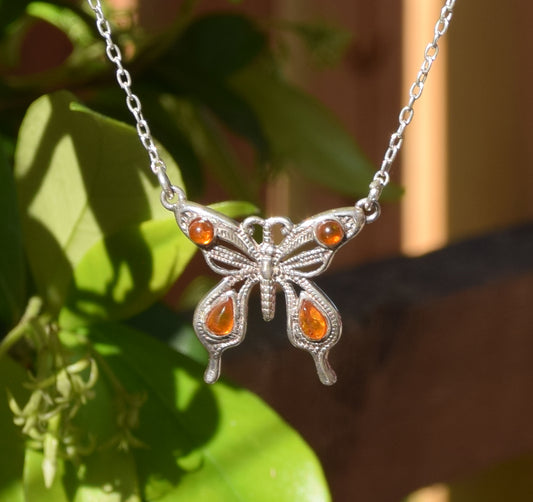 MJ Baltica, collana, girocollo, Ambra naturale Baltica, Argento 925, farfalla, femminile, elegante, BKo053
