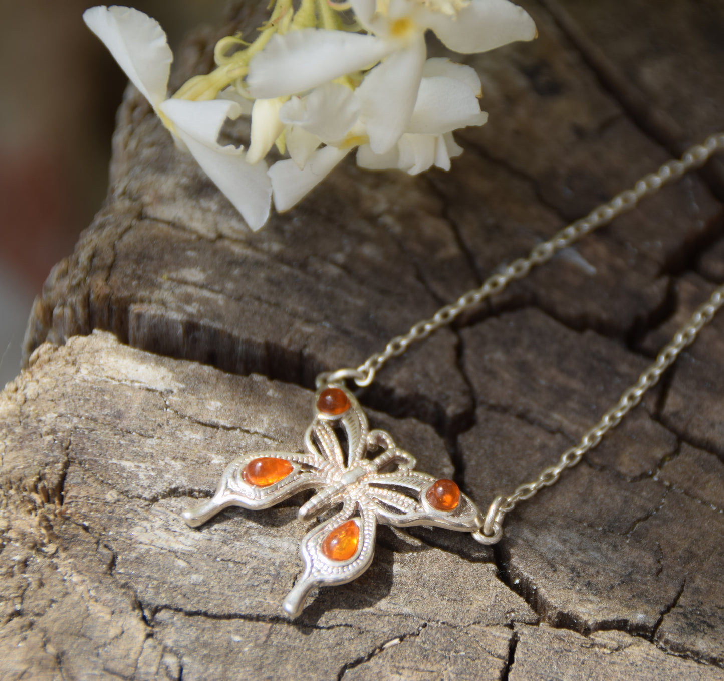 Filigree choker necklace with butterfly crafted in cognac-colored natural Amber and 925 Silver, MJ Baltica, BKo053