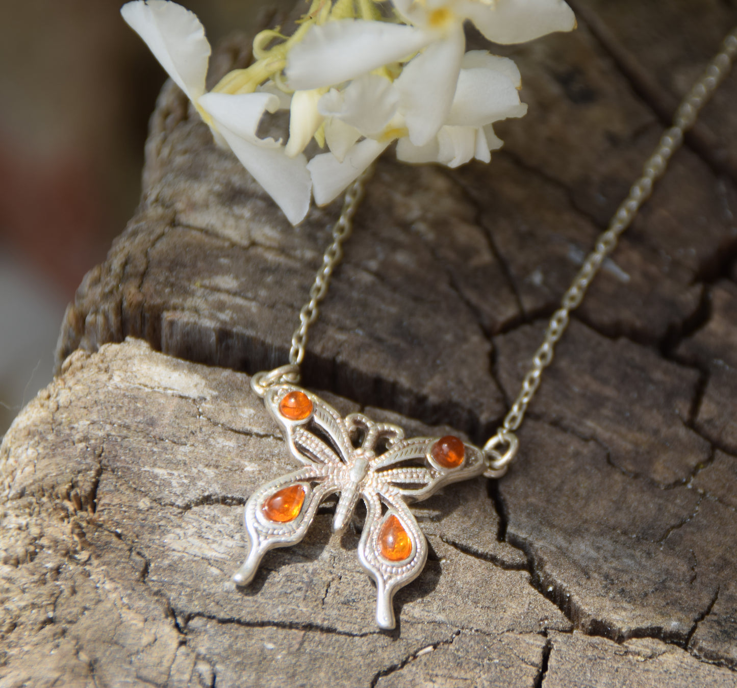 Filigree choker necklace with butterfly crafted in cognac-colored natural Amber and 925 Silver, MJ Baltica, BKo053