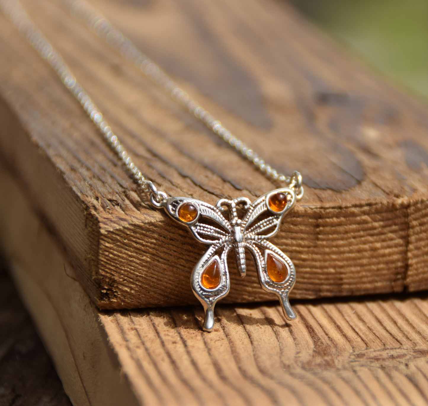 Filigree choker necklace with butterfly crafted in cognac-colored natural Amber and 925 Silver, MJ Baltica, BKo053