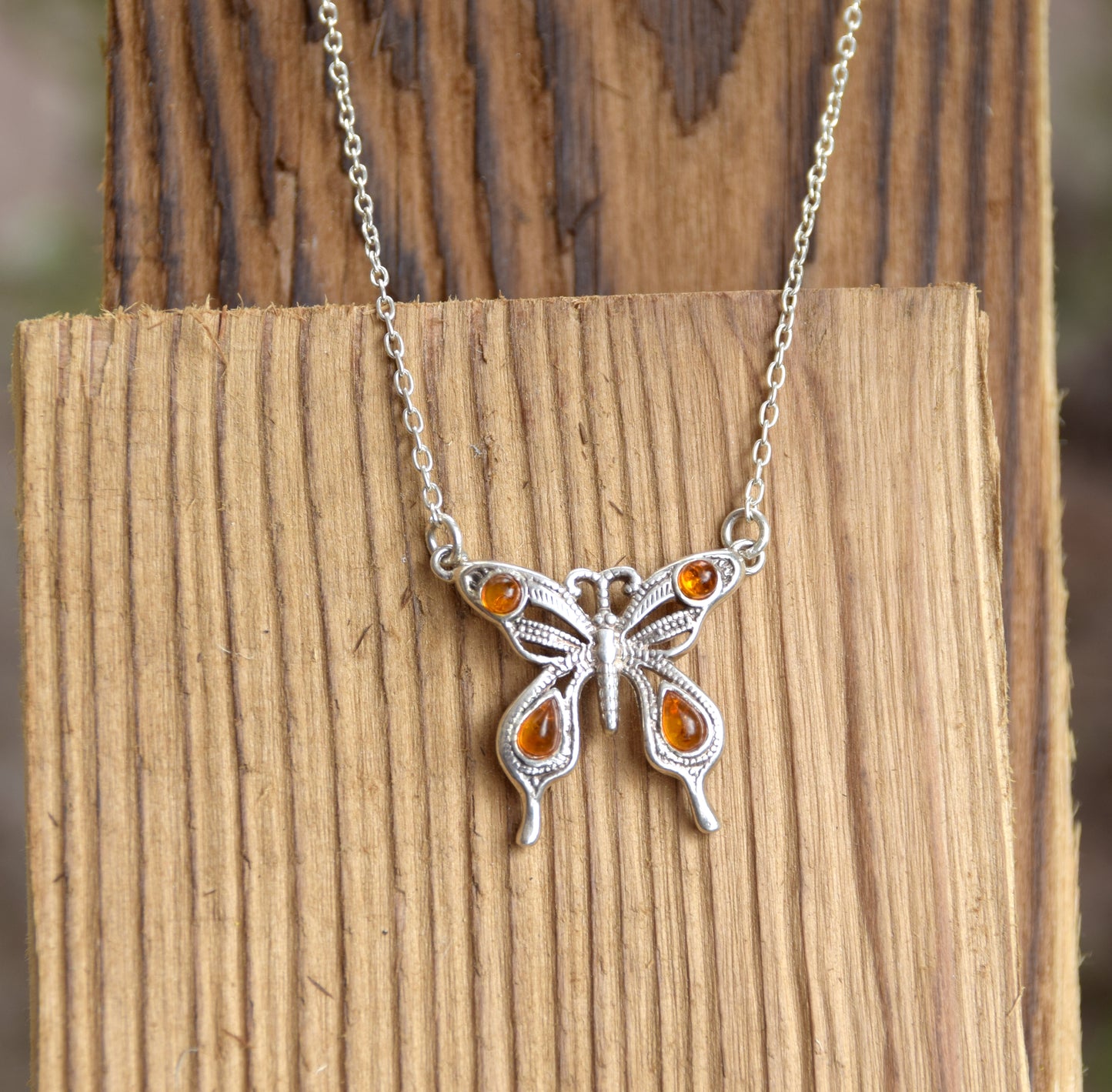 Filigree choker necklace with butterfly crafted in cognac-colored natural Amber and 925 Silver, MJ Baltica, BKo053