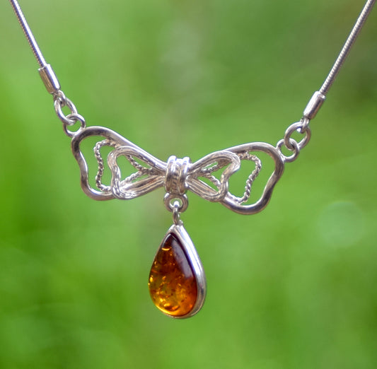 MJ Baltica, collana, girocollo, Ambra naturale Baltica, Argento 925, fiocco, romantica,BKo056