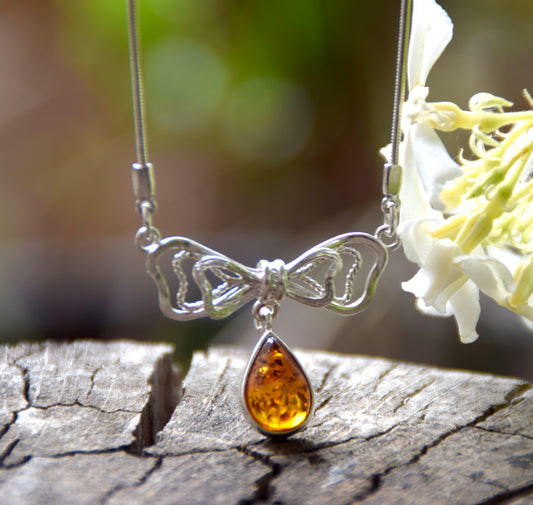 Delicate romantic choker necklace made with natural cognac-colored Amber and 925 Silver, MJ Baltica, BKo056