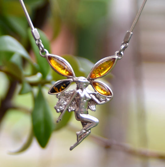 Shiny choker necklace with a fairy made of natural Amber in various shades and 925 Sterling Silver, MJ Baltica, BKo057