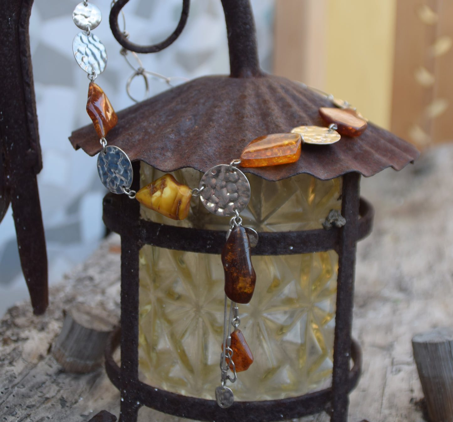 Long Art Nouveau style necklace created with natural Amber of various shades and 925 Silver, MJ Baltica, BKo064