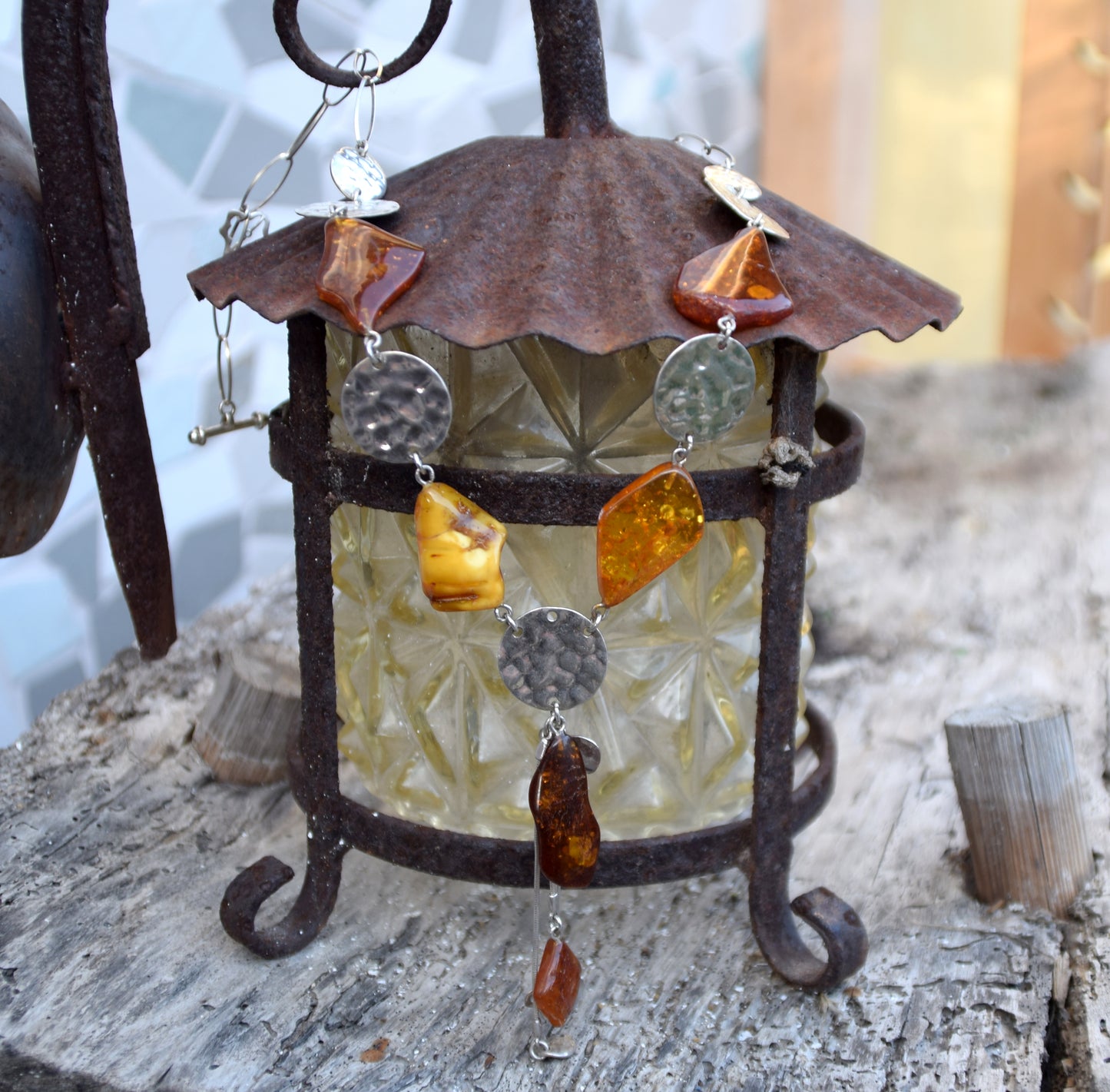 Long Art Nouveau style necklace created with natural Amber of various shades and 925 Silver, MJ Baltica, BKo064