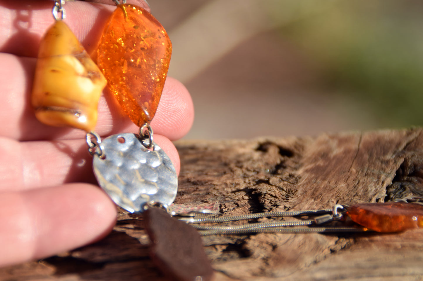 Long Art Nouveau style necklace created with natural Amber of various shades and 925 Silver, MJ Baltica, BKo064