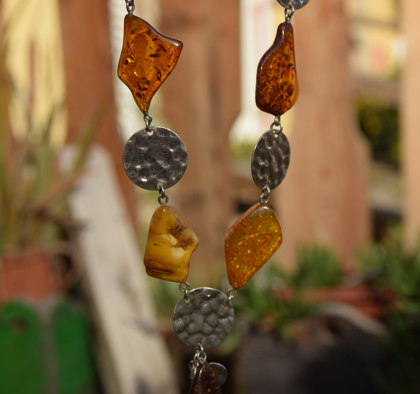Long Art Nouveau style necklace created with natural Amber of various shades and 925 Silver, MJ Baltica, BKo064