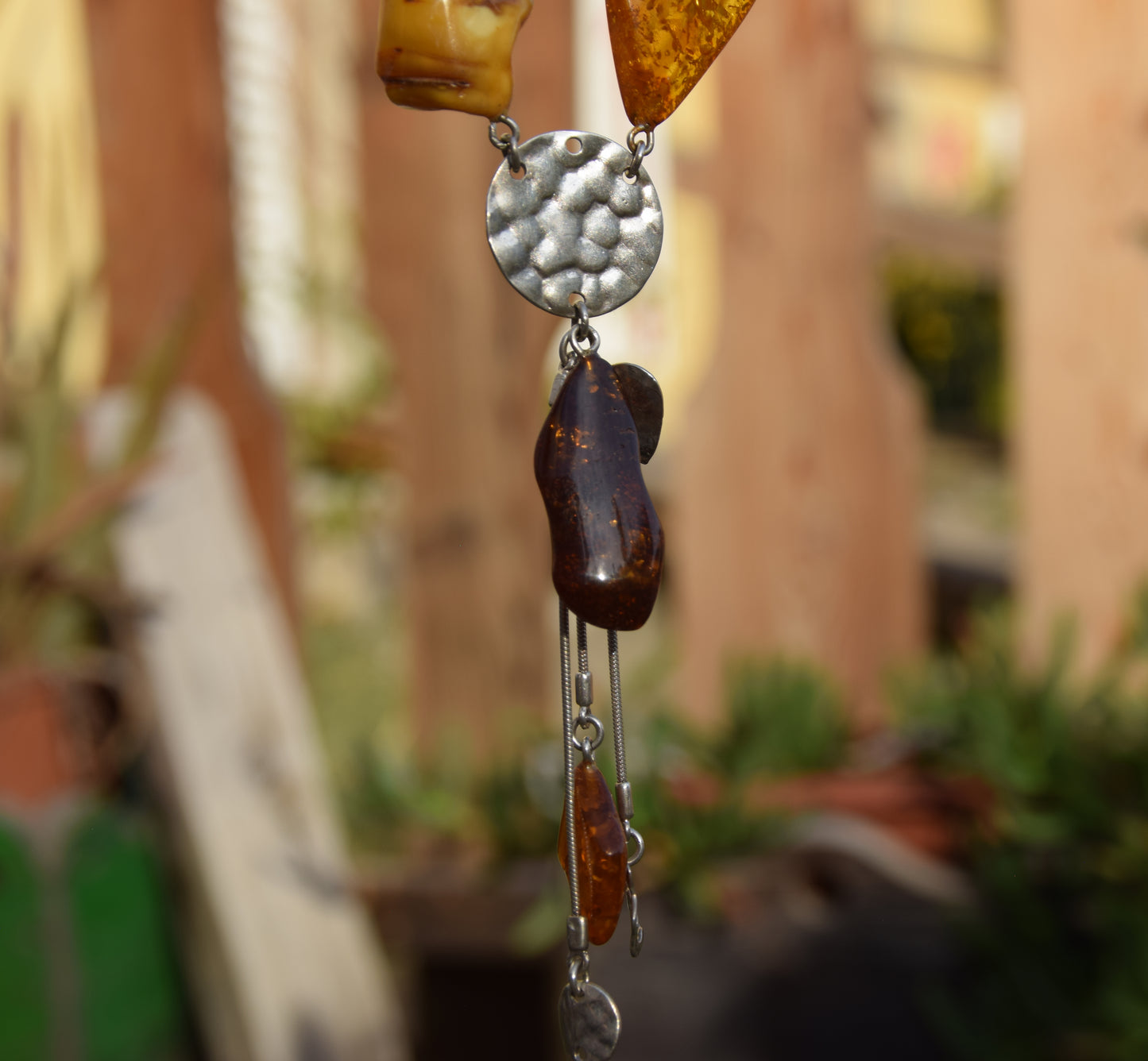 Long Art Nouveau style necklace created with natural Amber of various shades and 925 Silver, MJ Baltica, BKo064