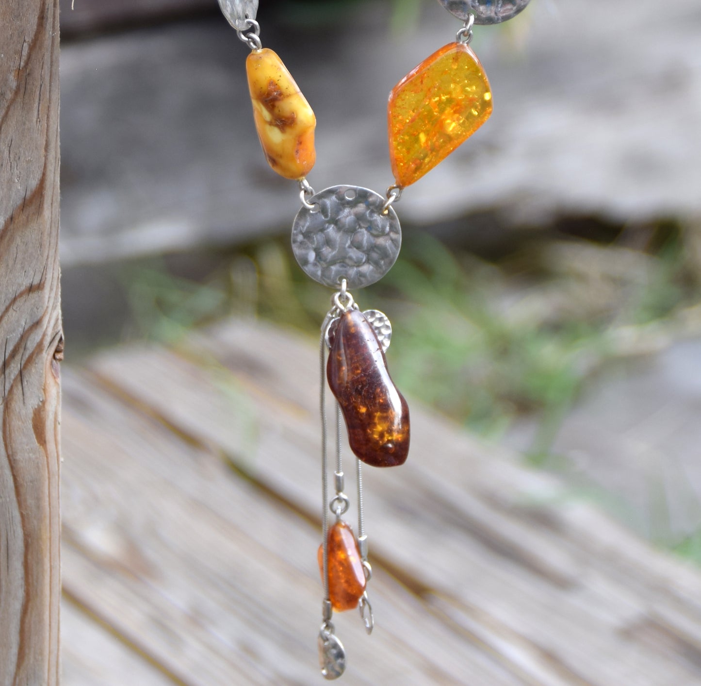 Long Art Nouveau style necklace created with natural Amber of various shades and 925 Silver, MJ Baltica, BKo064