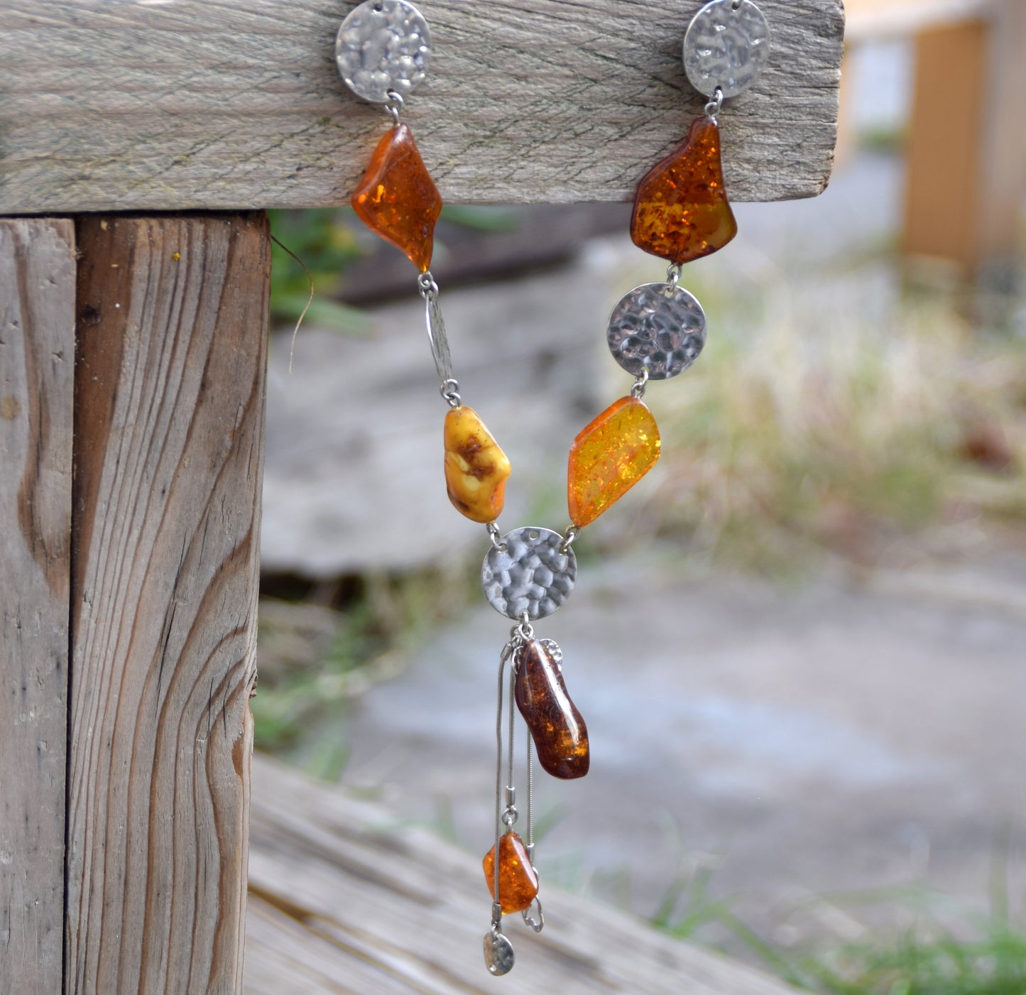 Long Art Nouveau style necklace created with natural Amber of various shades and 925 Silver, MJ Baltica, BKo064
