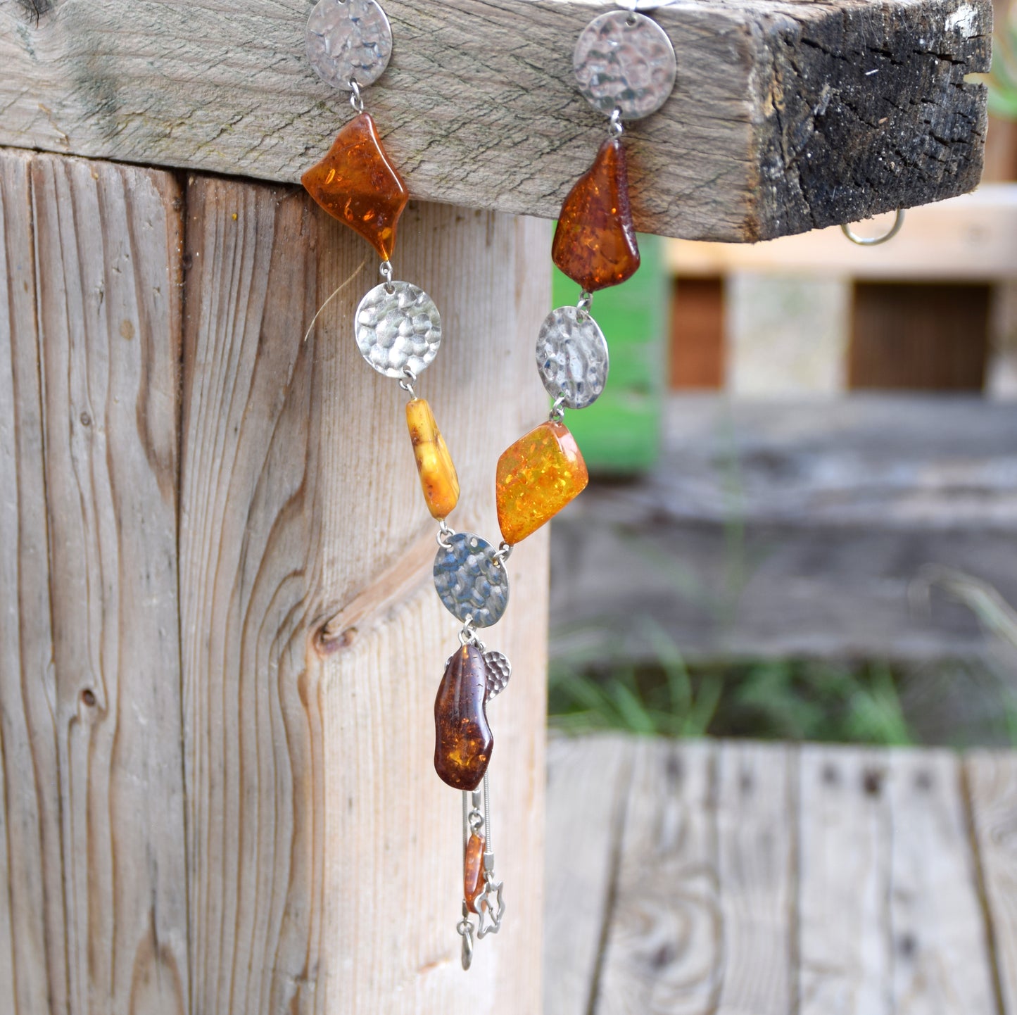 Long Art Nouveau style necklace created with natural Amber of various shades and 925 Silver, MJ Baltica, BKo064