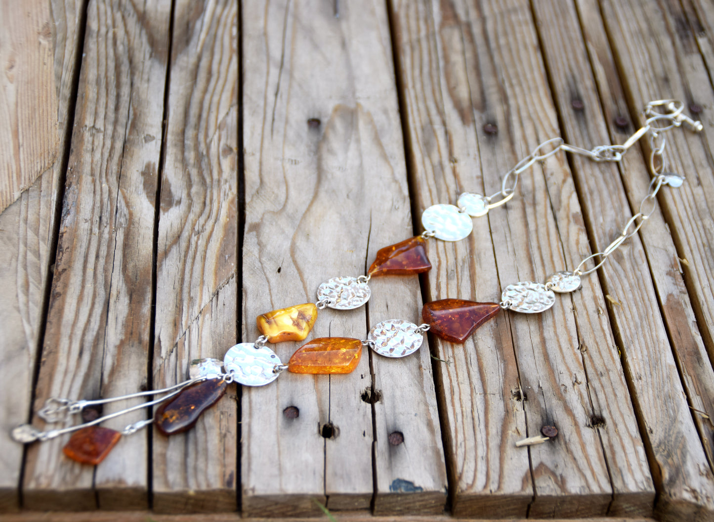 Long Art Nouveau style necklace created with natural Amber of various shades and 925 Silver, MJ Baltica, BKo064